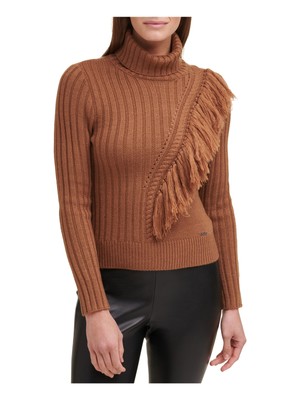 

DKNY Женский коричневый вязаный свитер в рубчик с длинными рукавами и высоким воротником