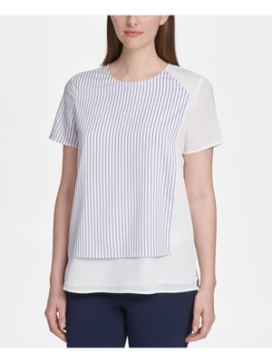 

DKNY Женский белый полосатый топ с круглым вырезом и короткими рукавами Размер