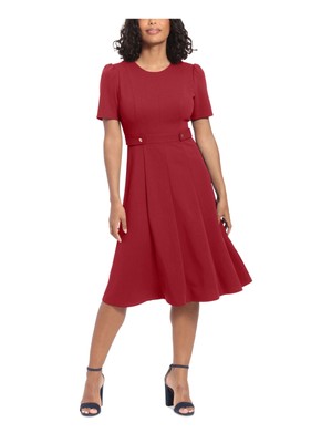 LONDON TIMES PETITES Womens Red Band Waist Button Tabs Midi Dress Petites 4P
