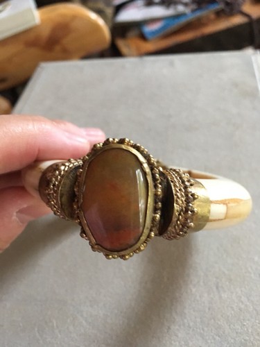 Antique Turkish Persian Carved Hinge Pin Bracelet Bangle Brass Stone Art Deco