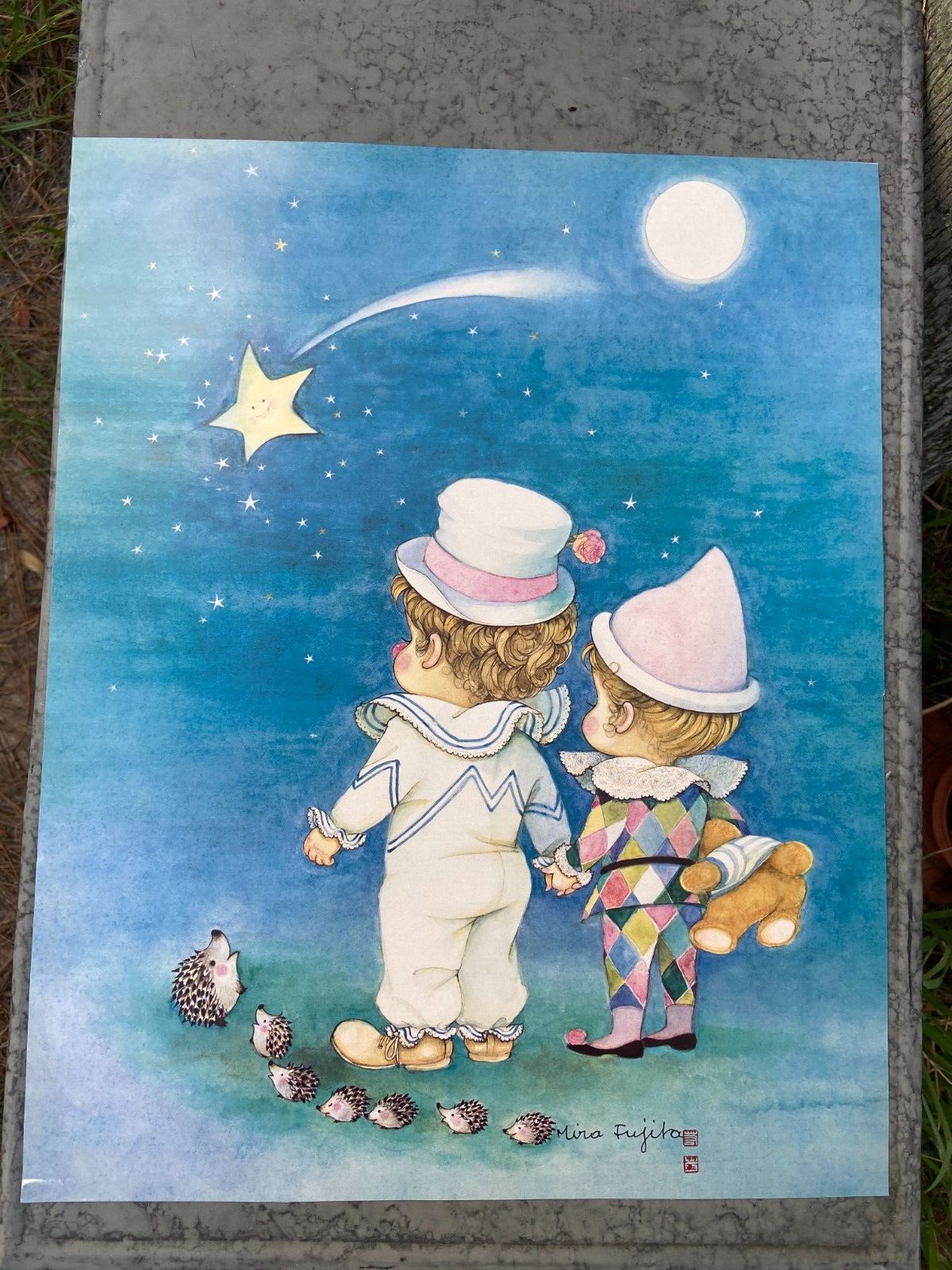 2 Rare Vintage Mira Fujita Pierrot Children Art Prints Hedgehog