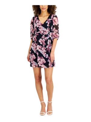 

CONNECTED APPAREL Женское темно-синее короткое платье с завязками на подкладке и рукавами 3/4 Petites, Navy