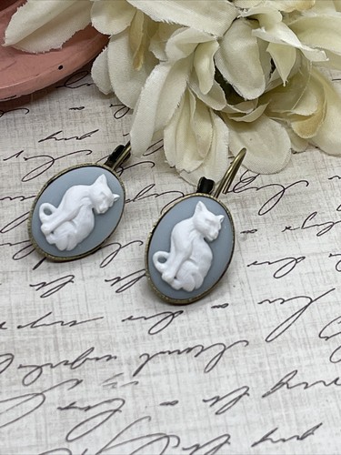 BRIDAL Cat Kitten Boutique French Wire Cameo Earrings Wedding Party Mom BIRTHDAY