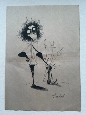 Tim Burton (Handmade) Drawing On old Paper Signed & Stamped Mixed Media, Vtg Art