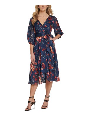 

DKNY Женское темно-синее блестящее вечернее платье миди с рукавами до локтя и V-образным вырезом, Navy