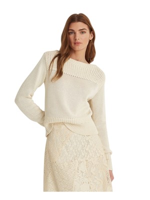 

LAUREN RALPH LAUREN Женский свитер цвета слоновой кости с текстурой в рубчик с длинными рукавами и круглым вырезом, Цвет слоновой кости