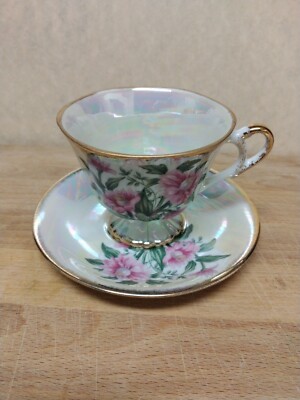 Vintage Iridescent SEPTEMBER ASTER Footed Tea Cup and Saucer w/ Gold Trim