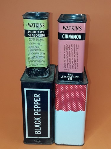 Lot of 4 Spice Tins ~ Watkins Cinnamon Standby Pepper Sexton Mustard
