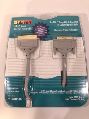 Data Share 10 ft 1EEE-1284 Printer Cable 1284A DB25 Male to 1284B 36 Male NIP