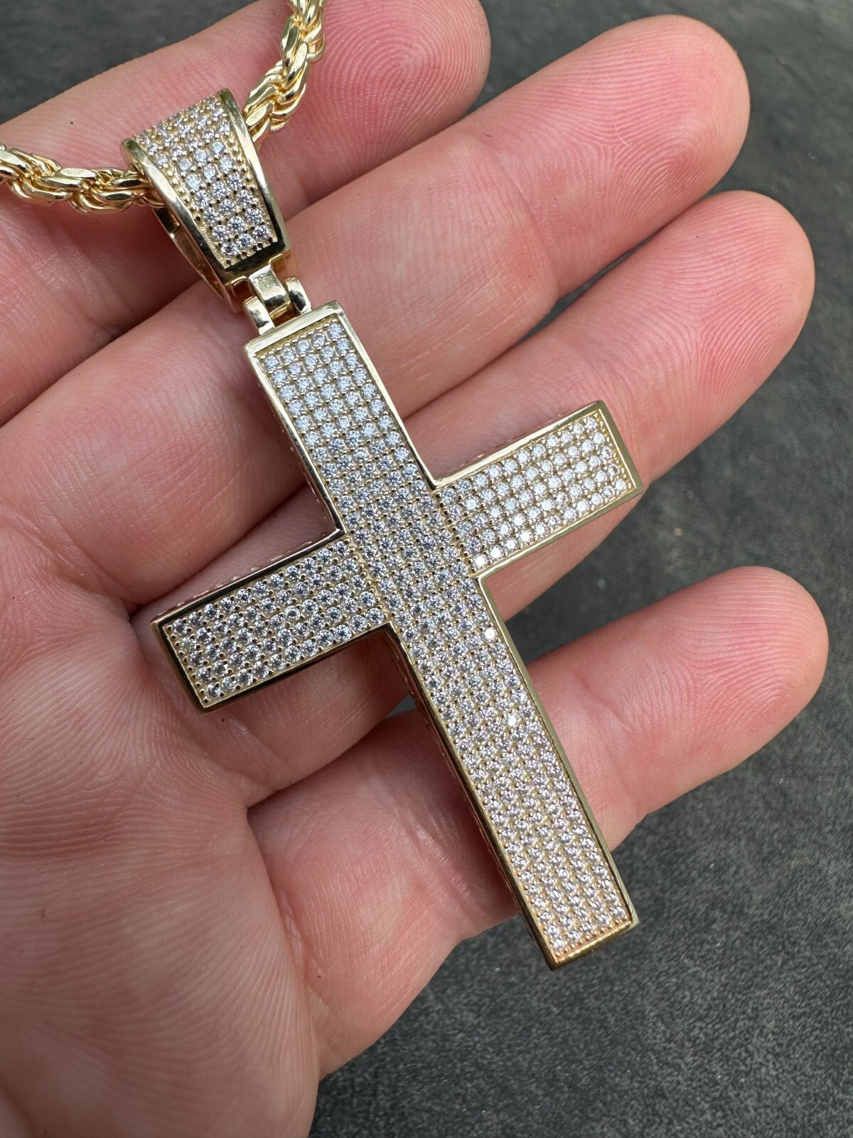 Pre-owned Hip Hop Solid 10k Yellow Gold 3ct Vvs Moissanite Cross Pendant Necklace 19g Mens Large In White