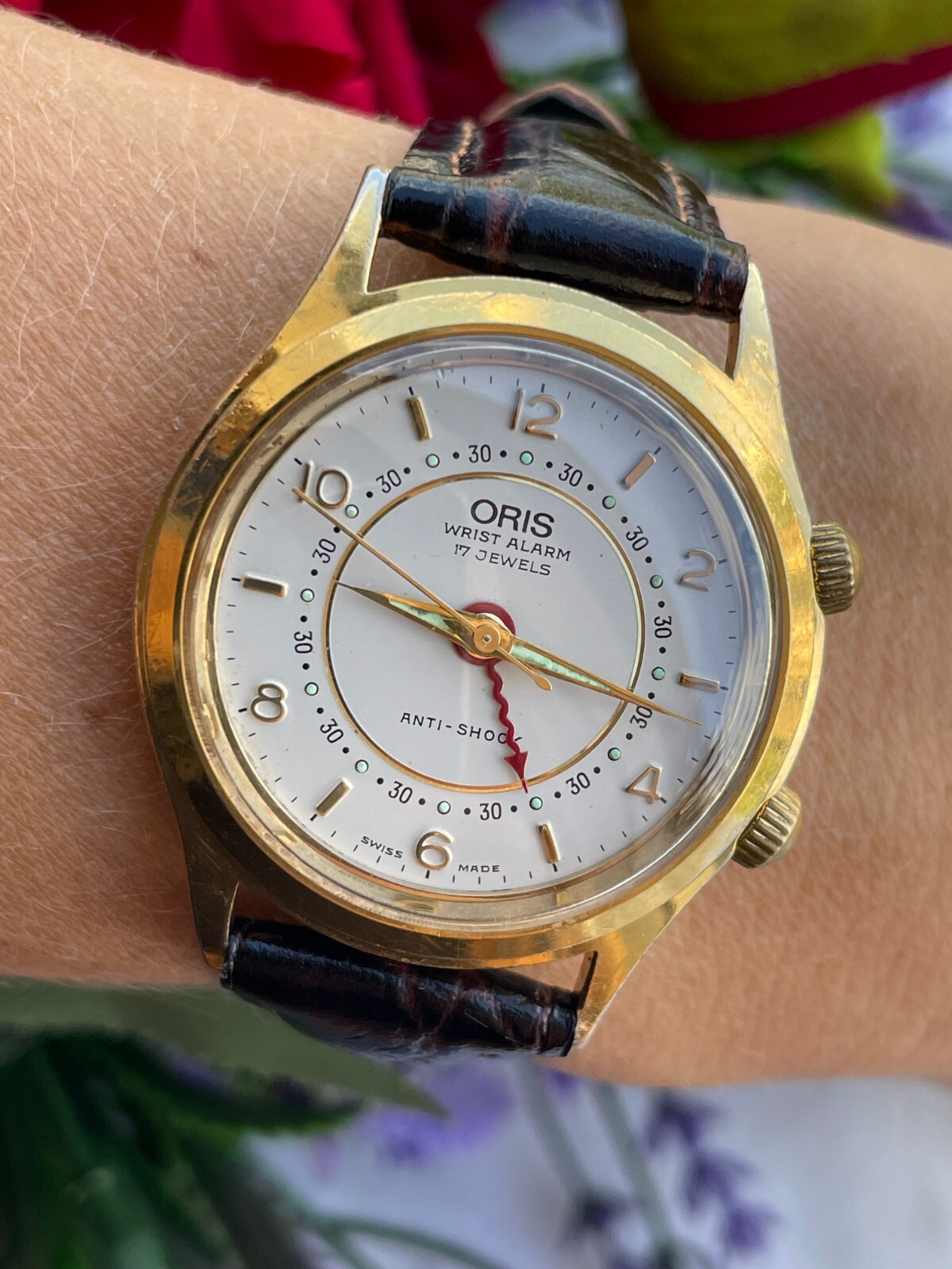 Oris Alarm Watch Manual Gold Plated Mens 34mm Swiss Made
