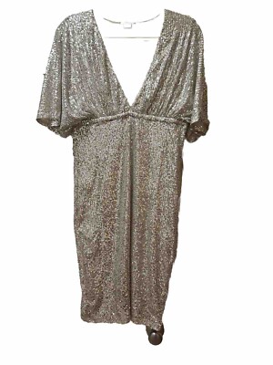 Venus SZ L Silver Sequin Pullover Stretch Umpire Waist Lined Party Dress NWT