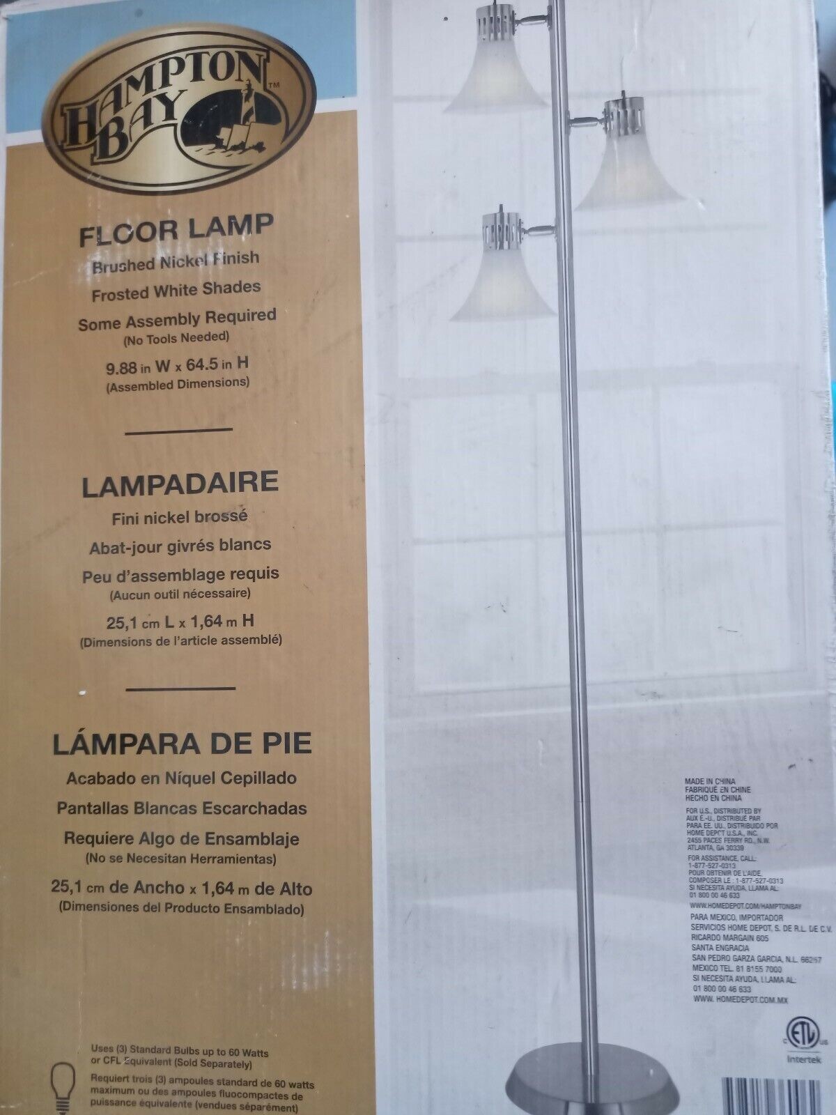 NEW HAMPTON BAY 64-1/2 in. Brushed Nickel Floor Lamp with 3 Plastic Bell Shades