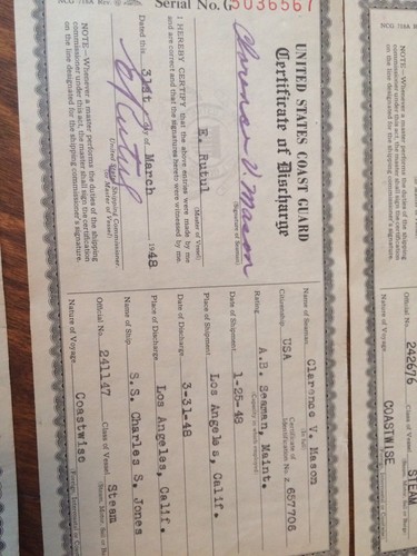6 1948 U.S. Coast Guard Certificate of Discharge Merchant Seaman Steam Vessels