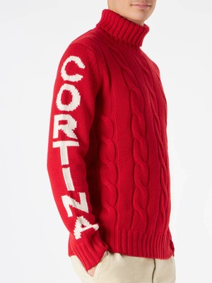 Pre-owned Mc2 Saint Barth Man Turtleneck Braided Sweater With Cortina Ampezzo Print In Red