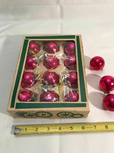 Vintage Box 12 PINK USA Mercury Glass CHRISTMAS Ornaments Balls  AMERICAN MADE
