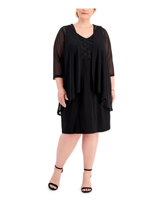 CONNECTED APPAREL Womens Black Open Front Chiffon Jacket Dress Plus 24W