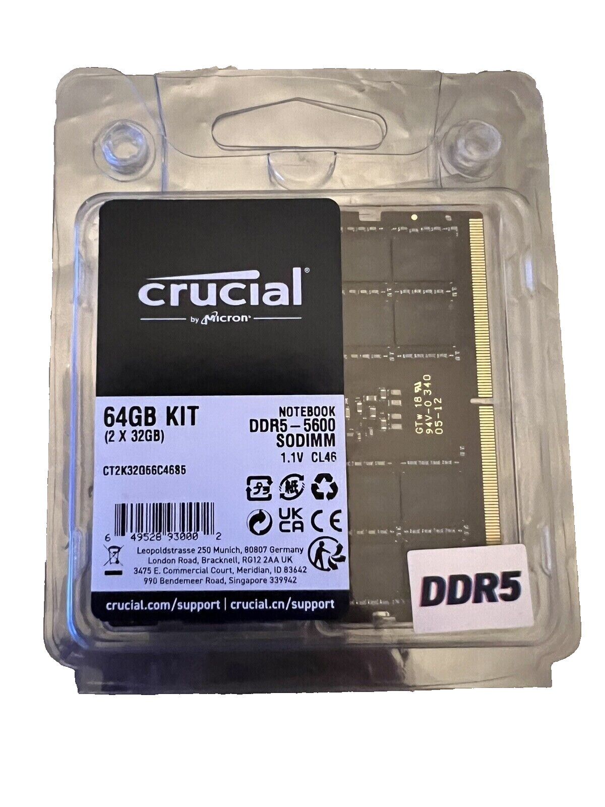 CRUCIAL 64GB Set (2x 32GB) DDR5 5600 PC5-44800 Laptop CRUCIAL 64GB Set (2x 32GB) DDR5 5600 PC5-44800 Laptop