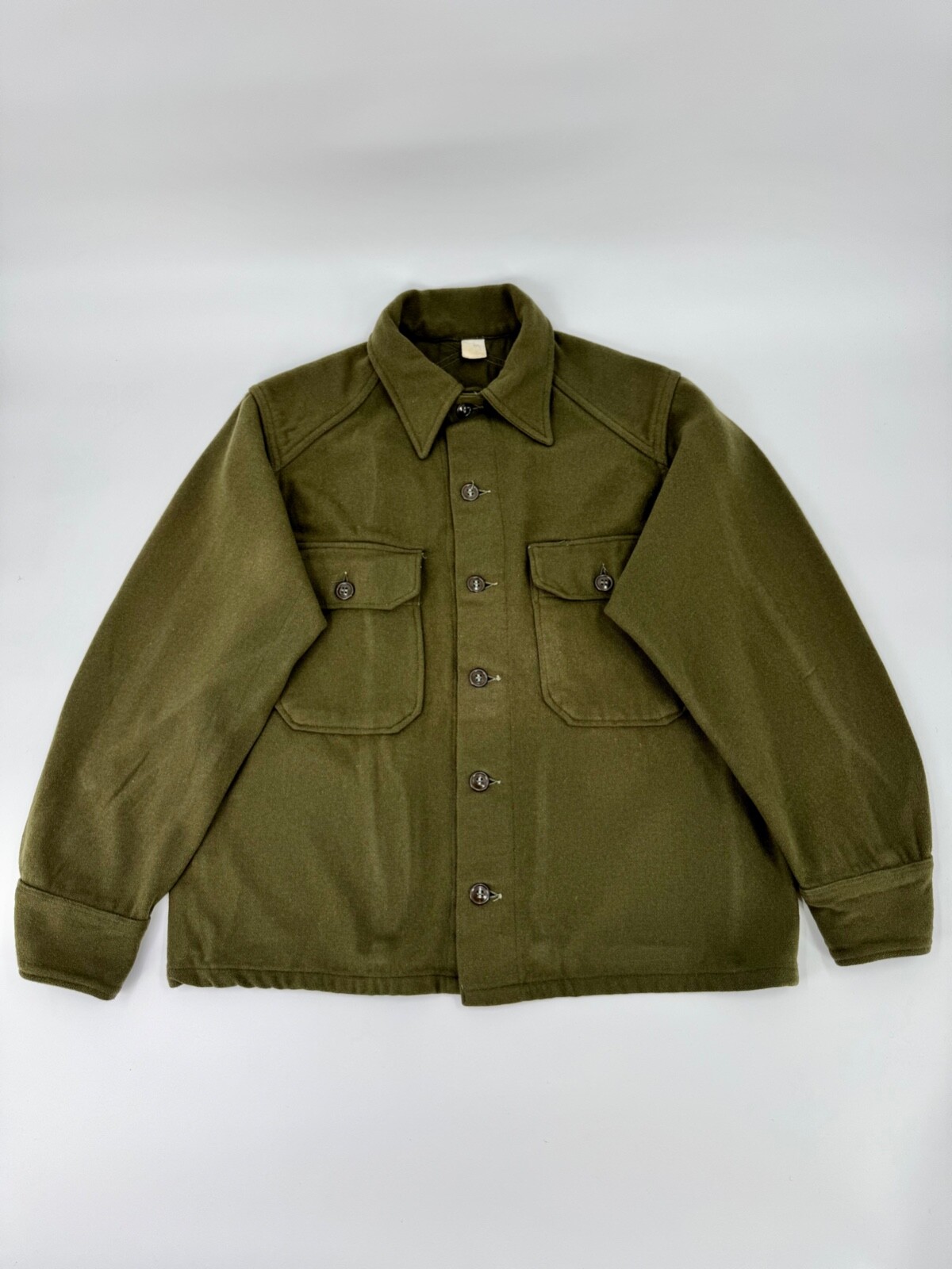 Vintage 1940s 40s Military OD Green Button-Up Wool Shirt