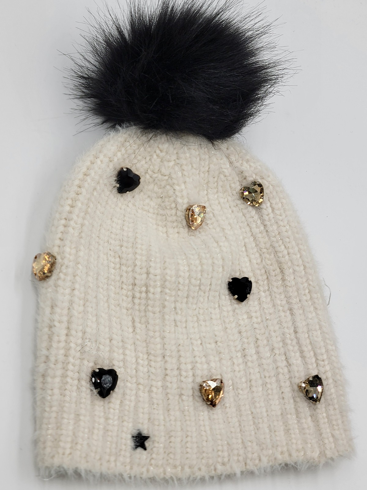 Jocelyn Faux Alpaca Crystal Embellished Hat Women's One Size Ivory Pom Pom Top - Picture 3 of 11