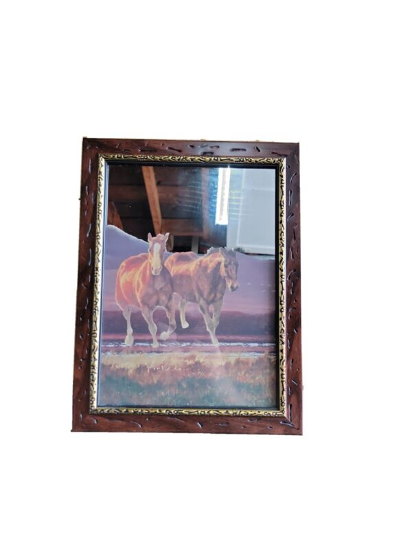 Horses/mirrored 10X13 FRAMED PICTURE ( WOOD COLOR FRAME )