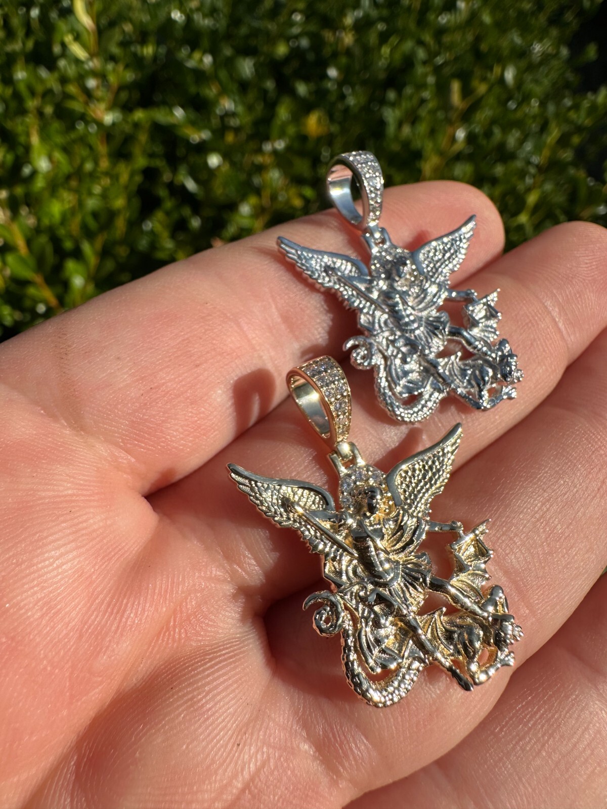 Pre-owned Hip Hop Real Diamond Saint Michael Archangel Pendant Solid 14k Gold Necklace Pendant In White