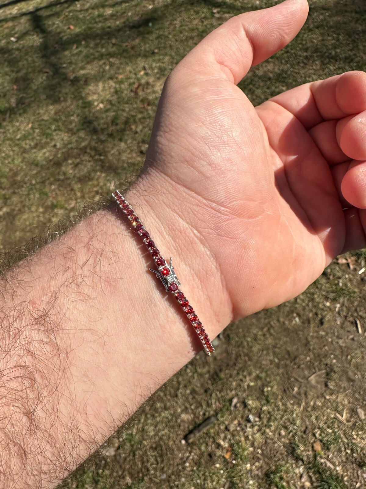 Pre-owned Silver Real Iced Ruby Red Moissanite 3mm Tennis Bracelet 925  Pass Diamond Test