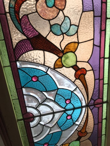 Sg 2653 antique stain jeweled beveled transom window 26.25 x 64.75