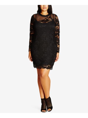 CITY CHIC Womens Black Mesh Panel Long Sleeve Sheath Dress Plus M18