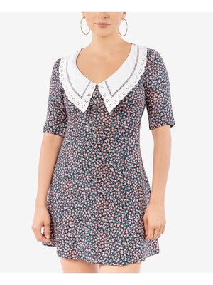 B DARLIN Womens Crochet-trim Collar Elbow Sleeve V Neck Mini Party A-Line Dress