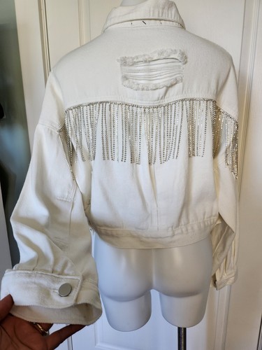 Blue B Collection Jacket Oversized Women's Size M White With Sequin Fringe Butto