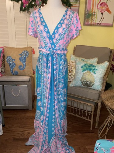 Pre-owned Lilly Pulitzer Esmarella Maxi Turquoise ? Water Ya Waiting For S,m,l,xl In Multicolor