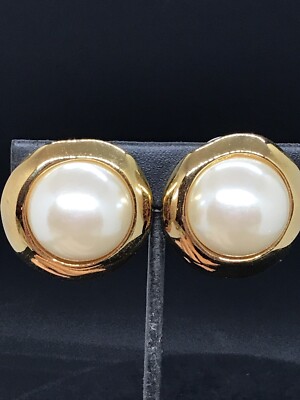 Vintage Carolee Gold tone faux  Pearl Clip on Earrings Large Fashion Statement