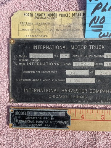 Wall Hanger Only International KB-6 KB 6 COWL DATA BODY TAG Engine CODE PLATE