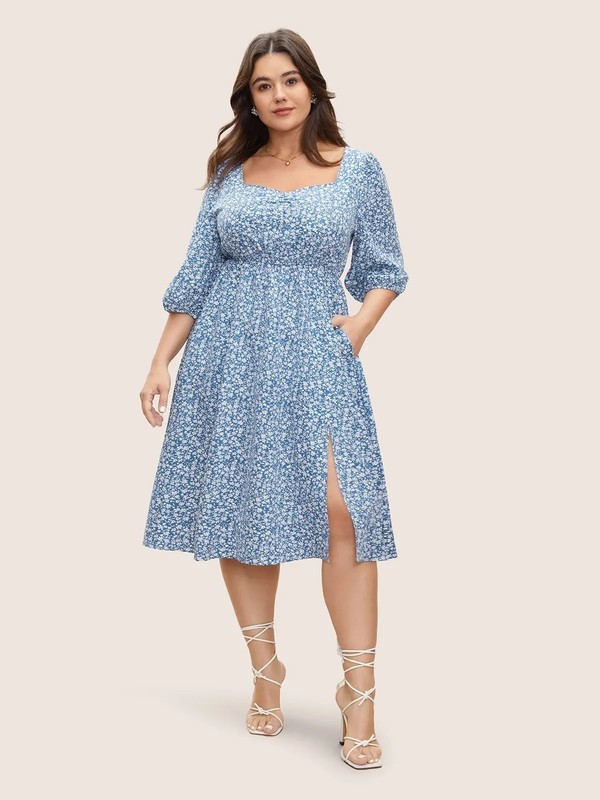 Plus Size 2X 18-20 by BloomChic Blue Floral Split Hem Dress with pockets