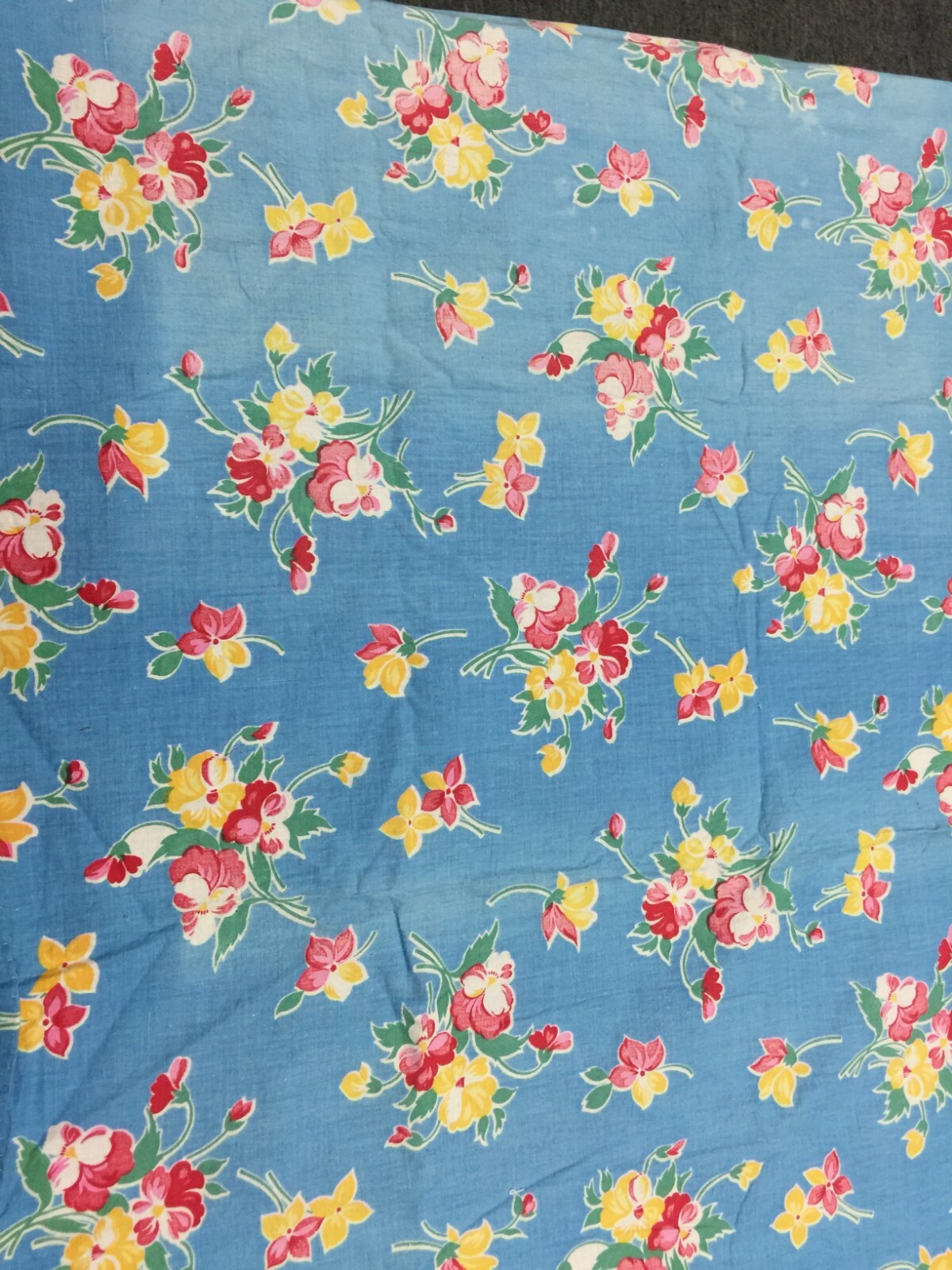 Vintage Curtain 33 X 54 inches Long Cotton Calico Blue with Pansy Floral Design