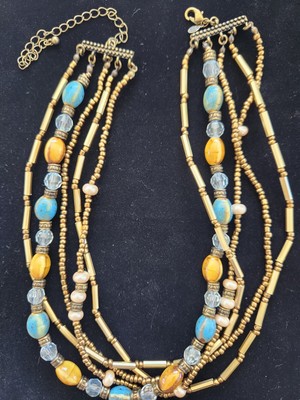 5 Strand Glass Beads Freshwater Pearls & Gold Tone Necklace Premier Designs NWOT