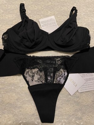 La Perla Shape Allure Collection 34B S Bra Thong Panty Set Black Chantilly Lace