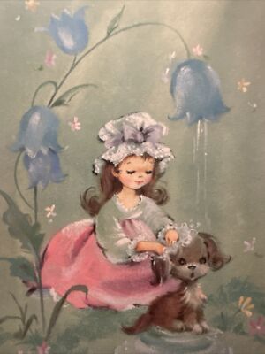 Vtg Birthday Card UNUSED Colorful 60s  W/env Girl Washing dog Bath Puppy Rain B