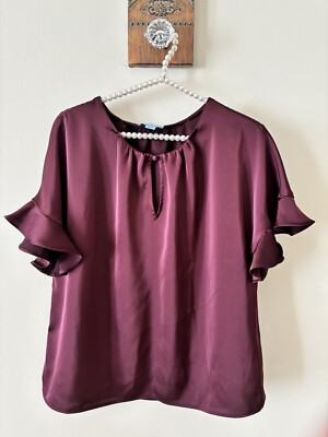 CeCe Womens Size Small Plum Blouse Ruffled Short Sleeve