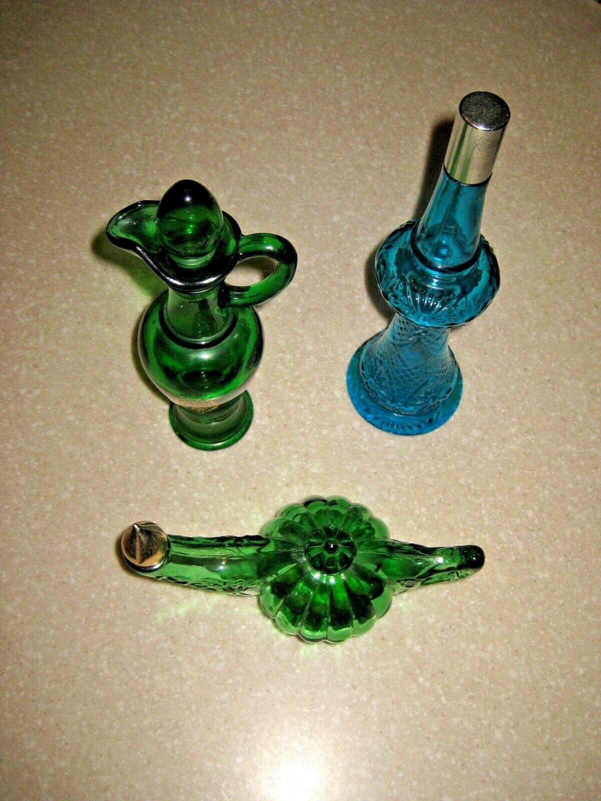 3 Vintage Avon Colored Glass: Nile Green Bath Oil Urn, Genie & Jeanne Bottles
