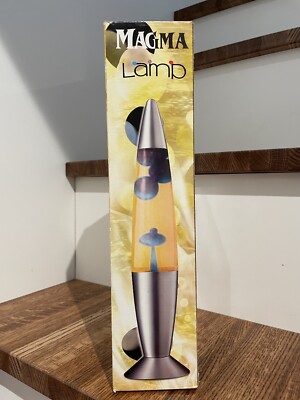 Magma Lava Lamp Yellow Magma (Wax), Purple Liquid, Silver Stand Original Box VTG