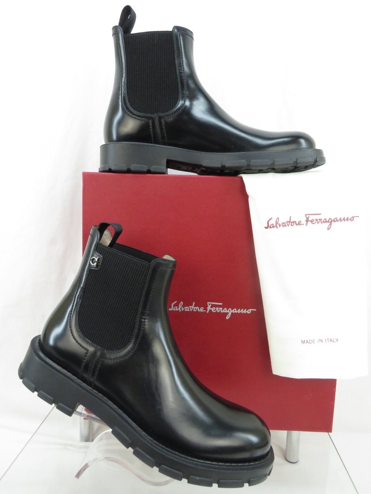 Pre-owned Ferragamo Iago Black Leather Gancini Logo Pull Chelsea Ankle Boots 9.5 Ee