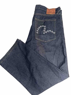 Evisu Indigo Mens Jeans 40 Y2K Denim 100% Cotton Wide Straight Leg Japan Skulls