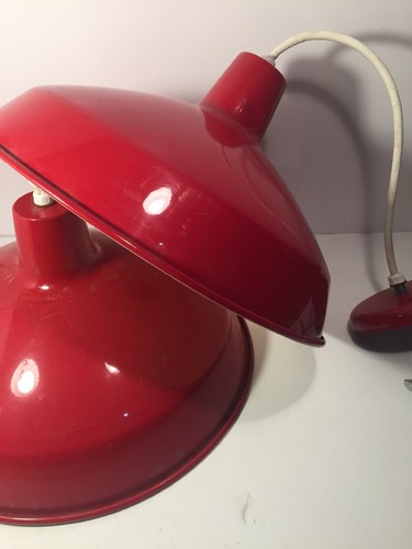 2 Vintage Candy Red Porcelain Enamel Light Barn Industrial USA