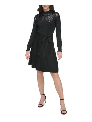 VINCE CAMUTO Womens Black Knit Belted Unlined Long Sleeve Fit + Flare Dress XL