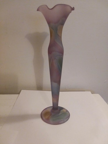 RUEVEN Glass Floral BUD VASE Hand Painted Pastels Art Nouveau Art Glass