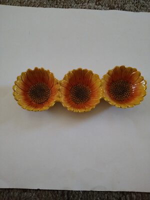 Sunflower 3 compartment serving dish, handpainted, 14 inches