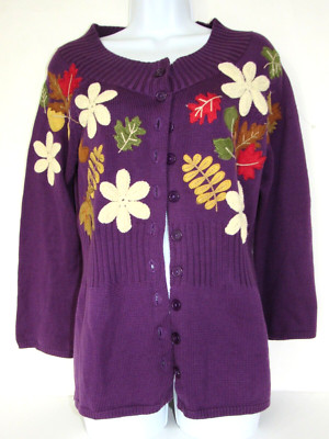 CLASSIC ELEMENTS Junior Womens XL Purple Embroidered Applique Cardigan Sweater