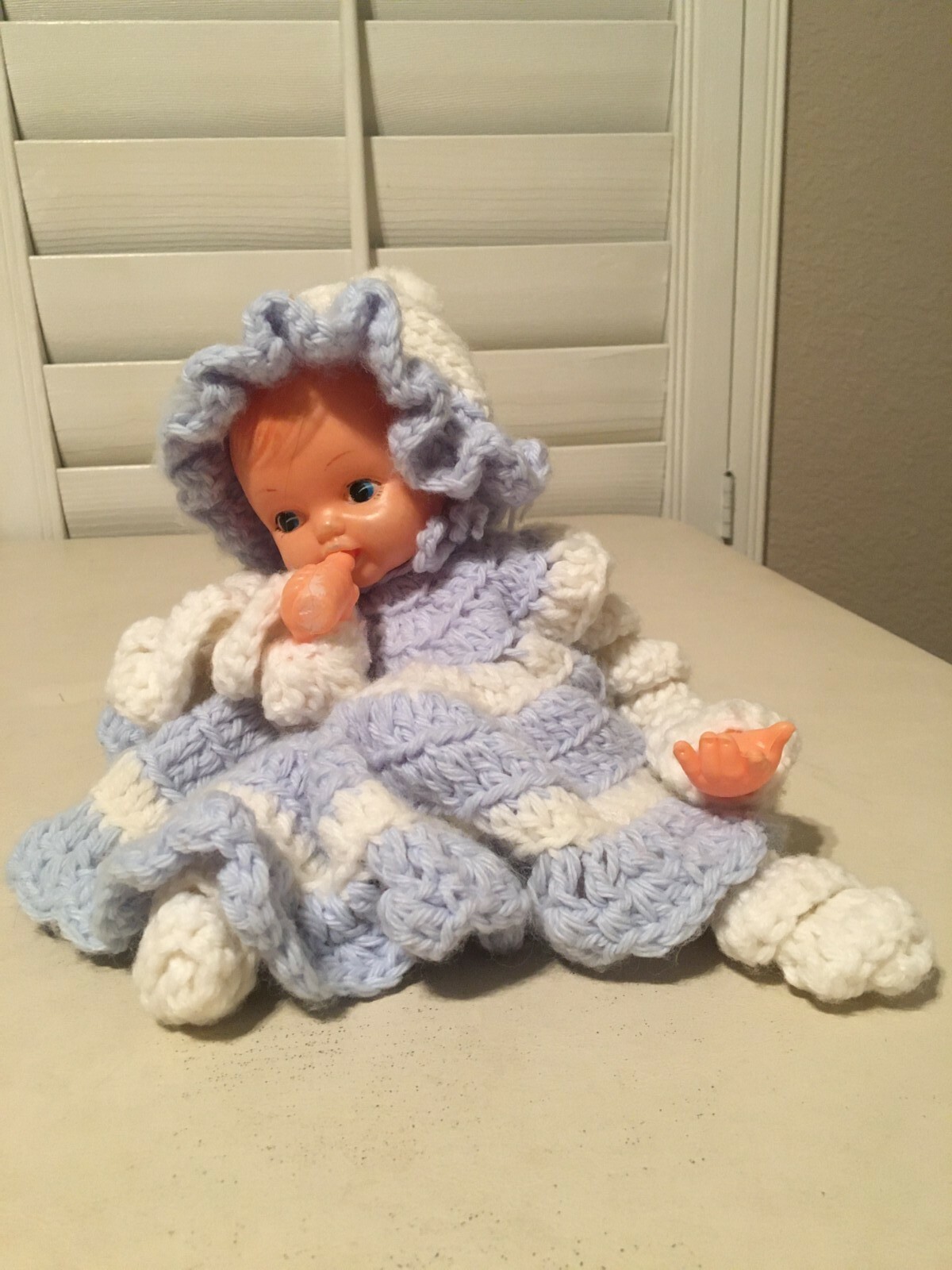 Vintage Handmade Blue Crochet Yarn Doll, Appoximately 11